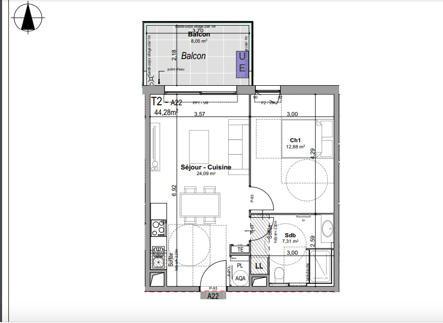 Appartement - 44,53 m2 - 2 pièces