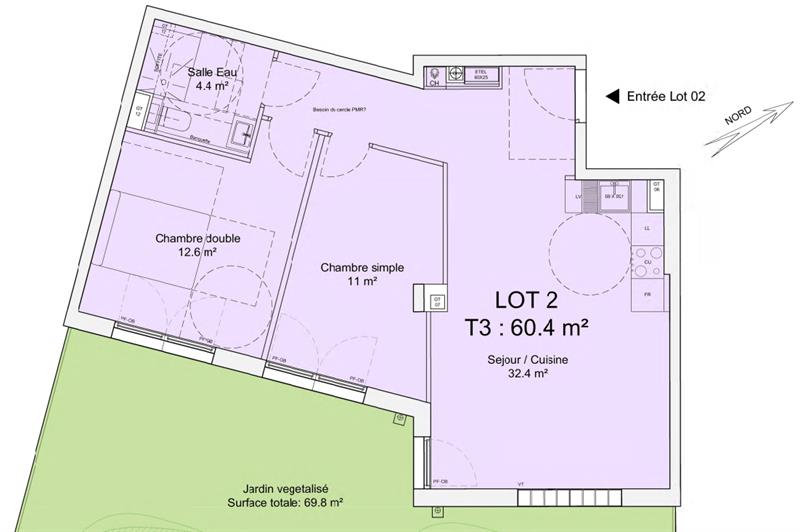 Appartement - 60,40 m2 - 2 pièces
