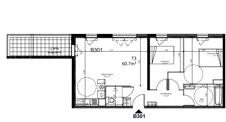Appartement - 60,70 m2 - 3 pièces